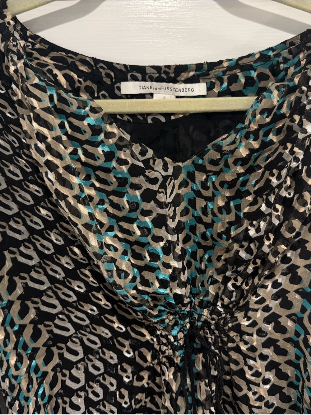 Diane Von Furstenberg Black, Teal & Cream chain link Print Sheer Blouse - Picture 2 of 8